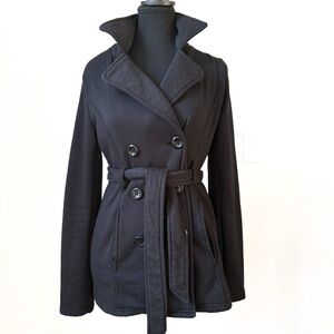 Sebby XS Black Double Breasted Soft Pea Coat with Waist Tie | Cozy Wrap Jacket
